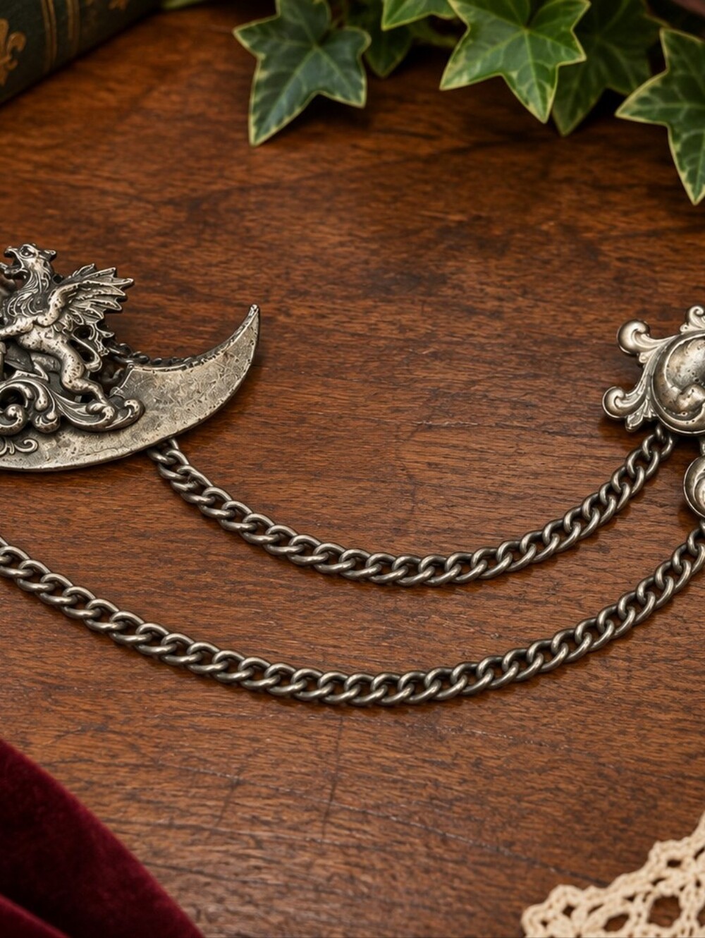 Vintage Ornate St George Dragon Cape Clasp Brooch Long Chain Heraldic SilverTone